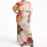 Japanese and Hawaiian Culture Fusion Off Shoulder Maxi Dress Irezumi with Turtles and Lei Kakau Pattern Sunset Vibe LT03 Women Multicolor - Polynesian Pride