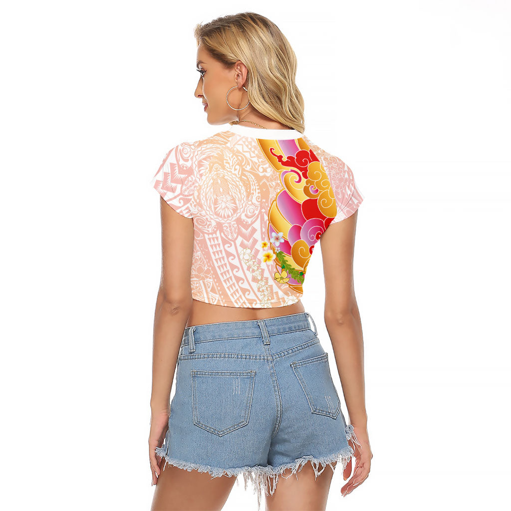 Japanese and Hawaiian Culture Fusion Raglan Cropped T Shirt Irezumi with Turtles and Lei Kakau Pattern Sunset Vibe LT03 - Polynesian Pride