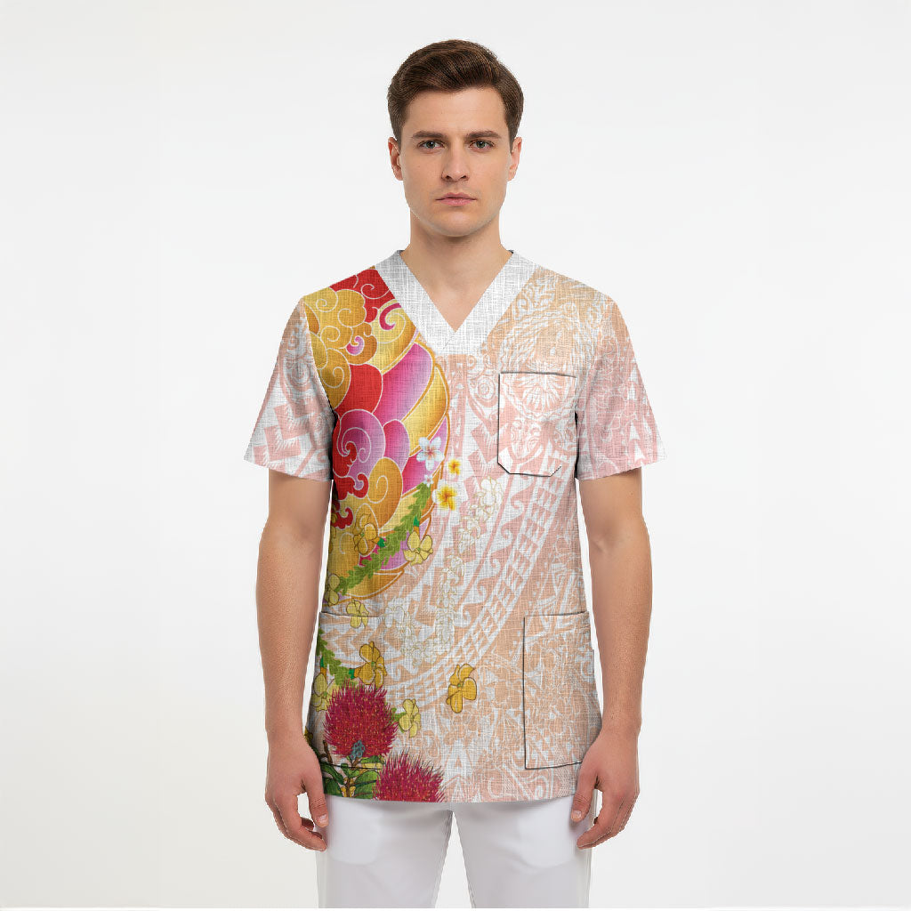 Japanese and Hawaiian Culture Fusion Scrub Top Irezumi with Turtles and Lei Kakau Pattern Sunset Vibe LT03 - Polynesian Pride