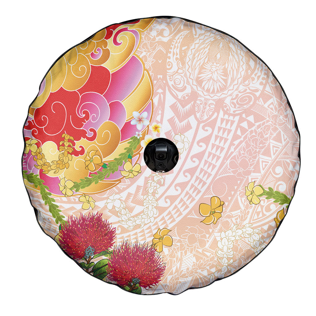 Japanese and Hawaiian Culture Fusion Spare Tire Cover Irezumi with Turtles and Lei Kakau Pattern Sunset Vibe LT03 - Polynesian Pride