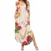 Japanese and Hawaiian Culture Fusion Summer Maxi Dress Irezumi with Turtles and Lei Kakau Pattern Sunset Vibe LT03 Women Multicolor - Polynesian Pride