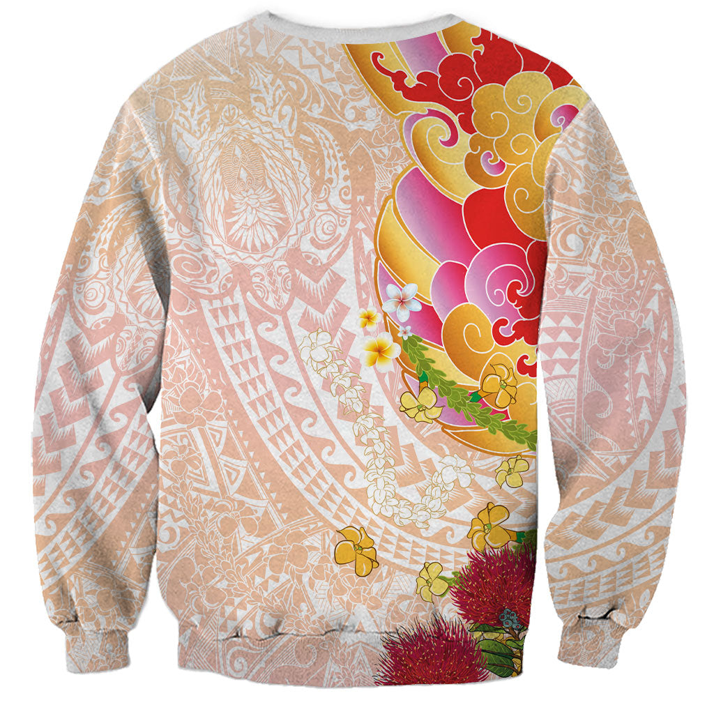 Japanese and Hawaiian Culture Fusion Sweatshirt Irezumi with Turtles and Lei Kakau Pattern Sunset Vibe LT03 - Polynesian Pride