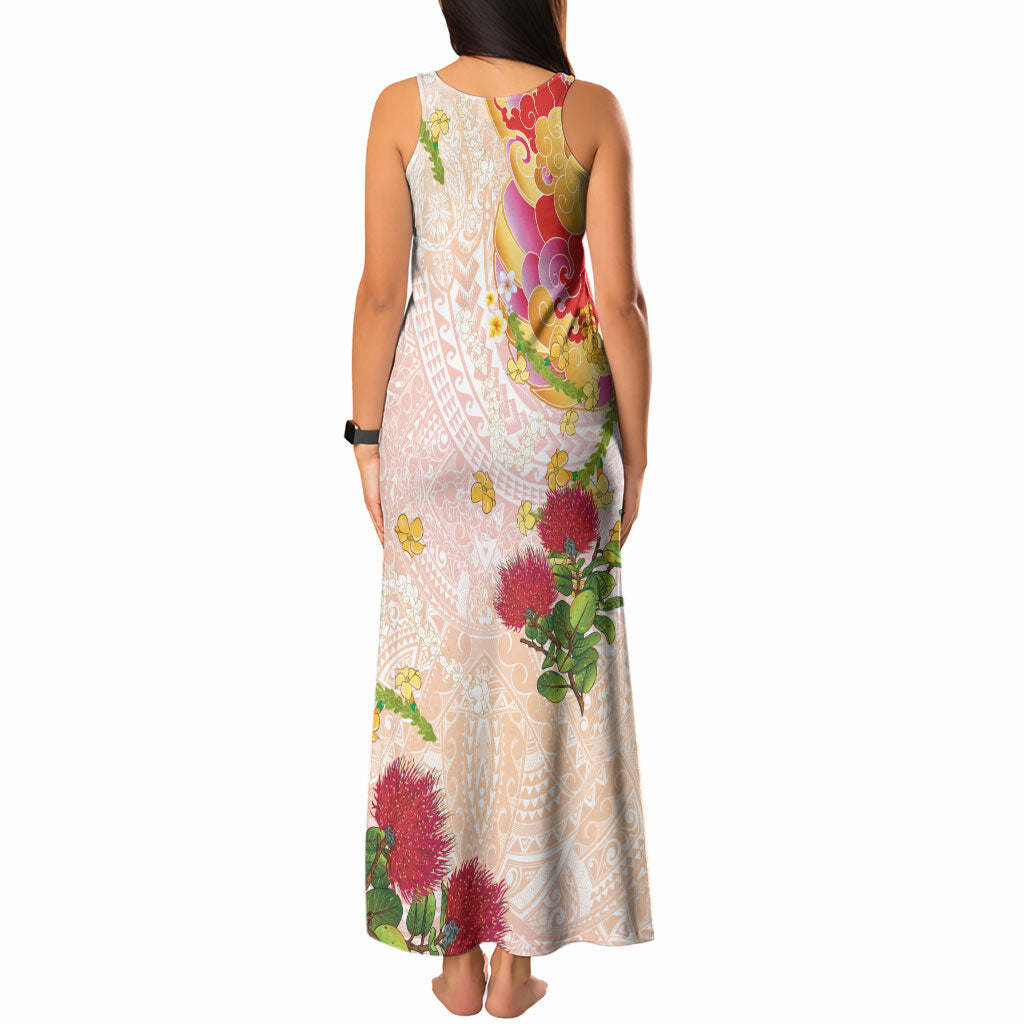 Japanese and Hawaiian Culture Fusion Tank Maxi Dress Irezumi with Turtles and Lei Kakau Pattern Sunset Vibe LT03 - Polynesian Pride