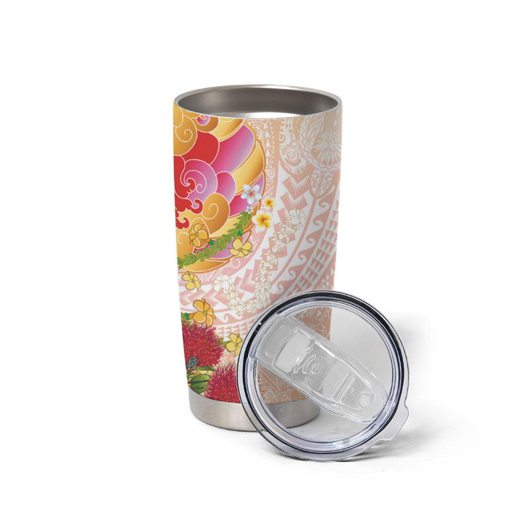 Japanese and Hawaiian Culture Fusion Tumbler Cup Irezumi with Turtles and Lei Kakau Pattern Sunset Vibe LT03 - Polynesian Pride