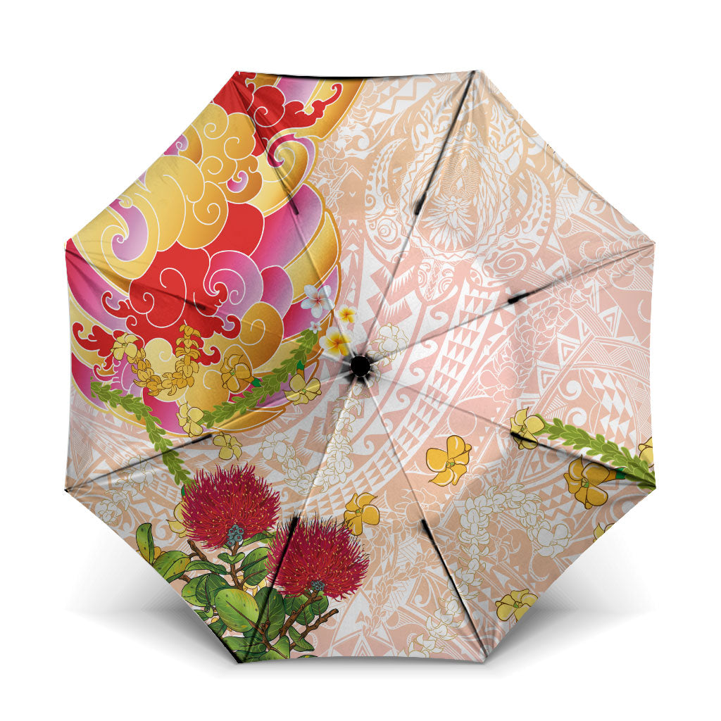 Japanese and Hawaiian Culture Fusion Umbrella Irezumi with Turtles and Lei Kakau Pattern Sunset Vibe