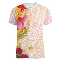 Japanese and Hawaiian Culture Fusion Women V-Neck T-Shirt Irezumi with Turtles and Lei Kakau Pattern Sunset Vibe LT03 Female Multicolor - Polynesian Pride