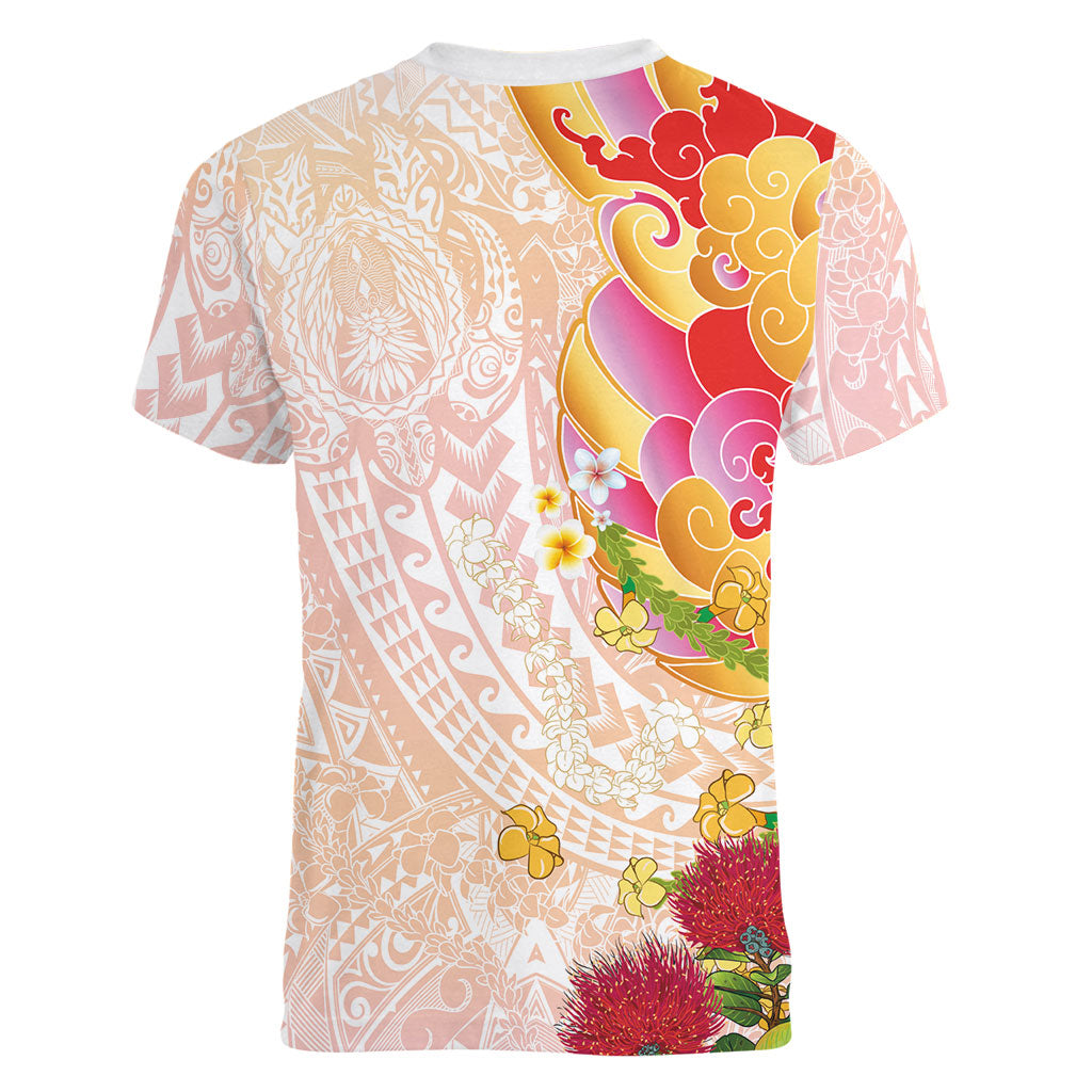 Japanese and Hawaiian Culture Fusion Women V-Neck T-Shirt Irezumi with Turtles and Lei Kakau Pattern Sunset Vibe LT03 - Polynesian Pride