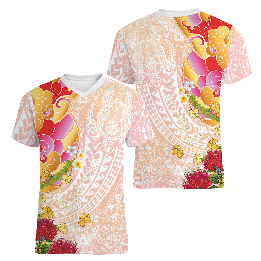 Japanese and Hawaiian Culture Fusion Women V-Neck T-Shirt Irezumi with Turtles and Lei Kakau Pattern Sunset Vibe LT03 - Polynesian Pride