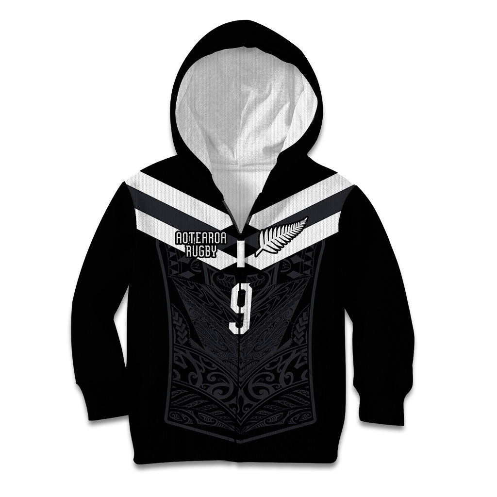 Aotearoa Rugby Custom Kid Hoodie Maori Tribal Motifs Stripes-Sporty Style LT03 Zip Hoodie Black - Polynesian Pride