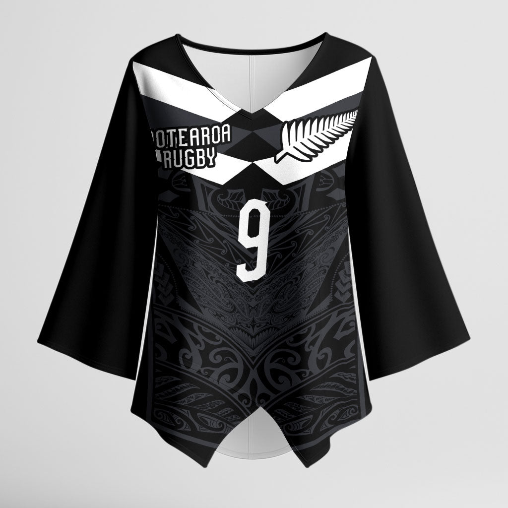 Aotearoa Rugby Custom Kimono Sleeve Blouse Maori Tribal Motifs Stripes-Sporty Style LT03 Female Black - Polynesian Pride