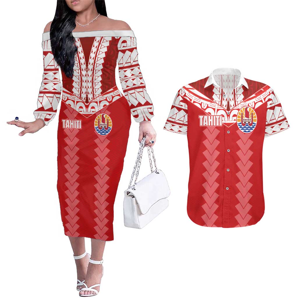 Custom Tahiti Football Polynesian Pattern Couples Matching Off The Shoulder Long Sleeve Dress and Hawaiian Shirt