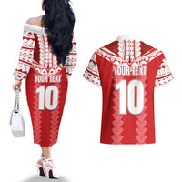 Custom Tahiti Football Polynesian Pattern Couples Matching Off The Shoulder Long Sleeve Dress and Hawaiian Shirt