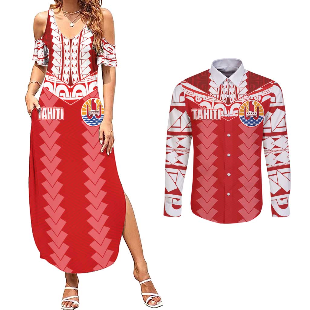 Custom Tahiti Football Polynesian Pattern Couples Matching Summer Maxi Dress and Long Sleeve Button Shirt