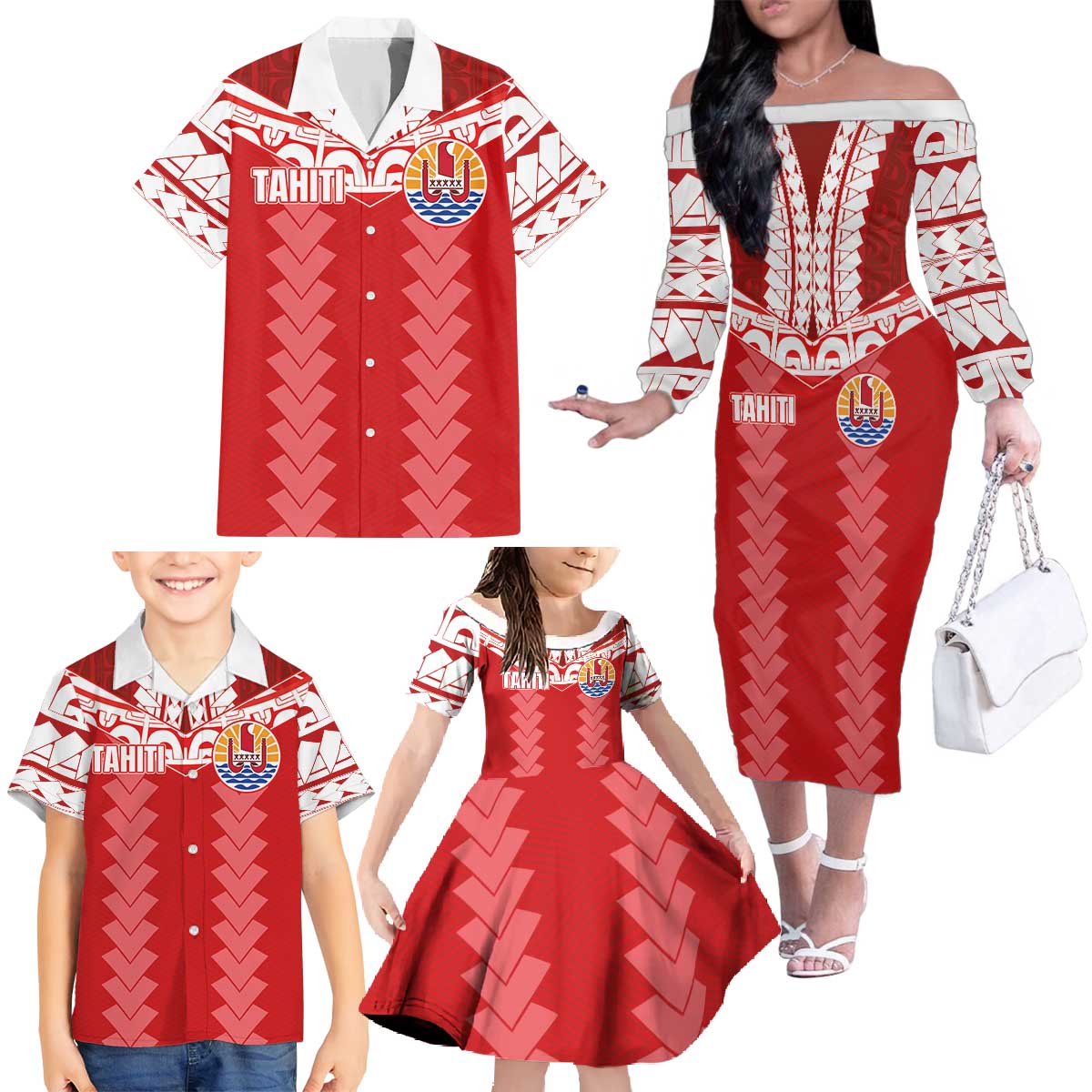 Custom Tahiti Football Polynesian Pattern Family Matching Off The Shoulder Long Sleeve Dress and Hawaiian Shirt