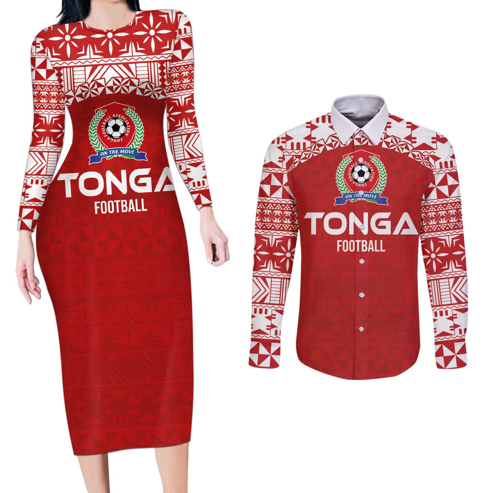 Custom Tonga Football Ngatu Tribal Tattoo Couples Matching Long Sleeve Bodycon Dress and Long Sleeve Button Shirt