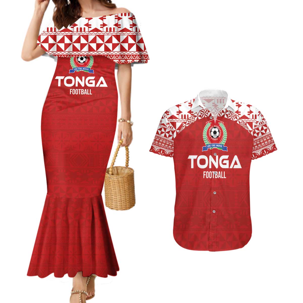 Custom Tonga Football Ngatu Tribal Tattoo Couples Matching Mermaid Dress and Hawaiian Shirt