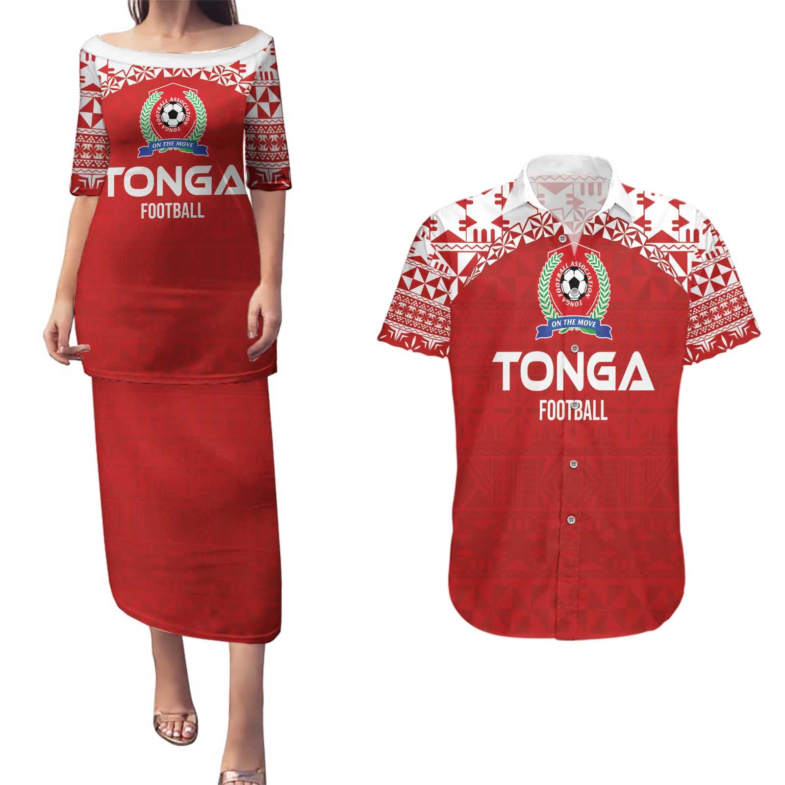 Custom Tonga Football Ngatu Tribal Tattoo Couples Matching Puletasi and Hawaiian Shirt