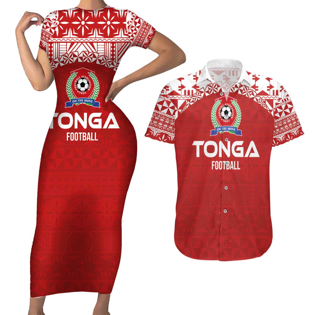 Custom Tonga Football Ngatu Tribal Tattoo Couples Matching Short Sleeve Bodycon Dress and Hawaiian Shirt LT03 Red - Polynesian Pride