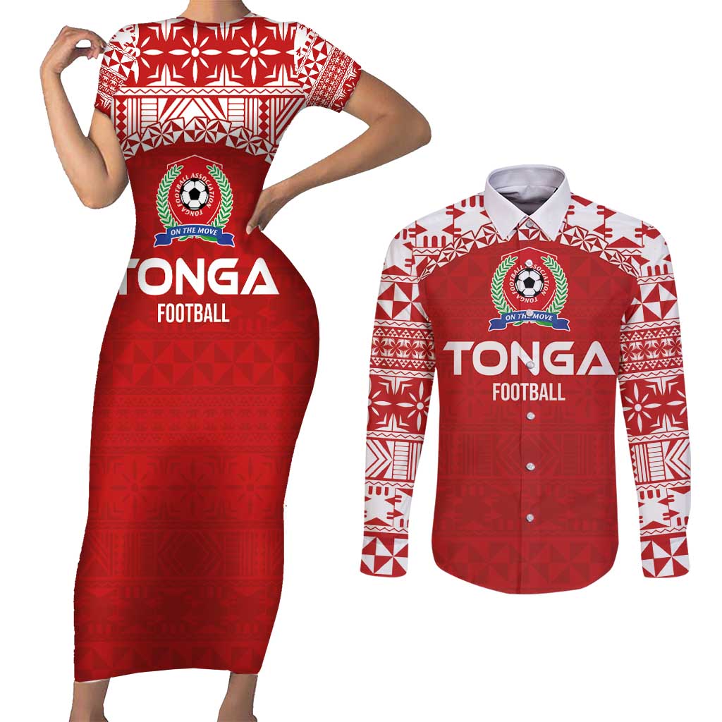Custom Tonga Football Ngatu Tribal Tattoo Couples Matching Short Sleeve Bodycon Dress and Long Sleeve Button Shirt LT03 Red - Polynesian Pride
