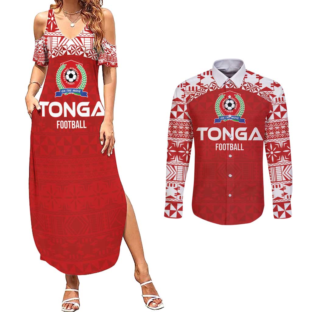 Custom Tonga Football Ngatu Tribal Tattoo Couples Matching Summer Maxi Dress and Long Sleeve Button Shirt LT03 Red - Polynesian Pride