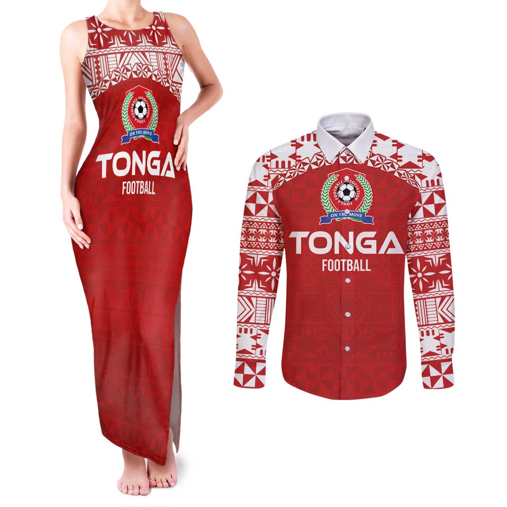 Custom Tonga Football Ngatu Tribal Tattoo Couples Matching Tank Maxi Dress and Long Sleeve Button Shirt