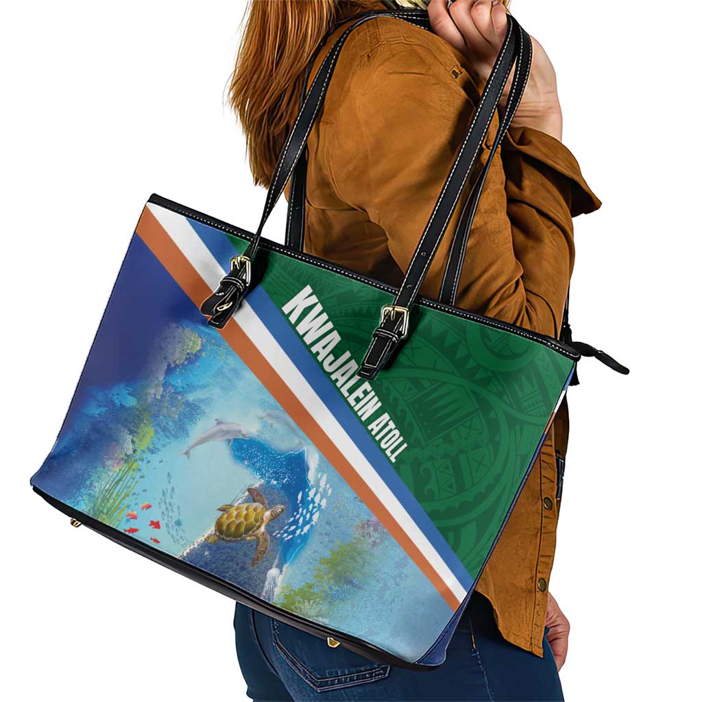 Marshall Islands Kwajalein Atoll Leather Tote Bag Polynesian Pattern and Undersea Animals