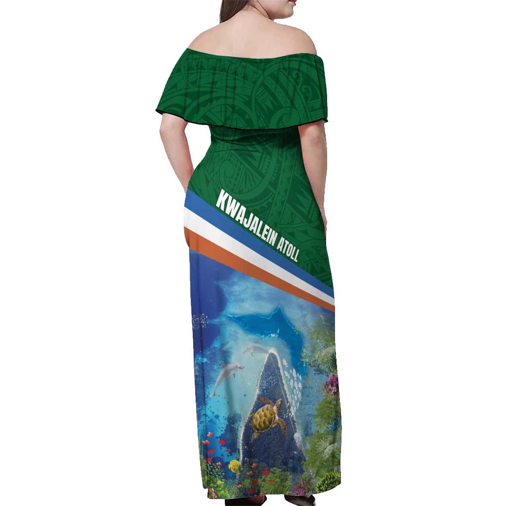 Marshall Islands Kwajalein Atoll Off Shoulder Maxi Dress Polynesian Pattern and Undersea Animals