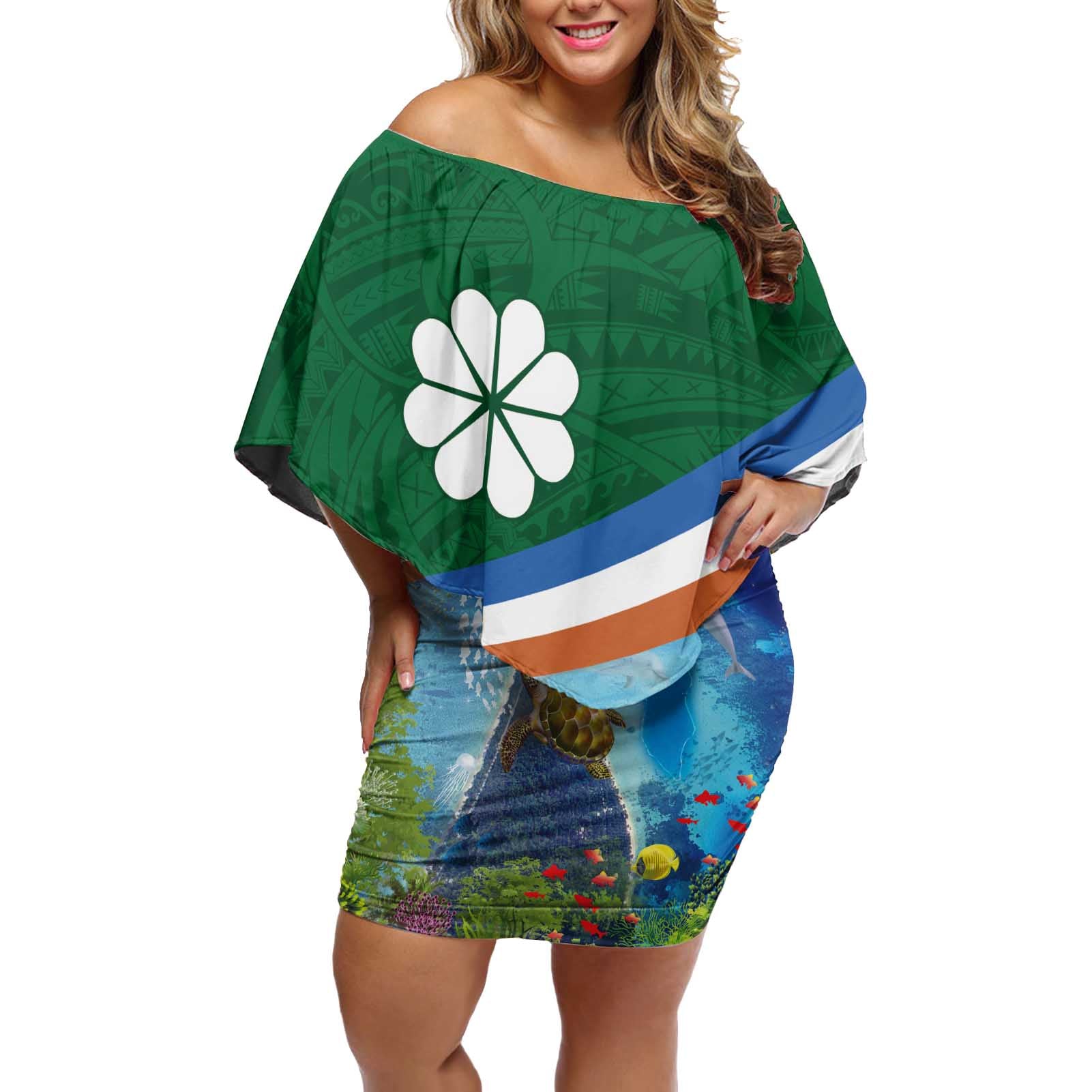 Marshall Islands Kwajalein Atoll Off Shoulder Short Dress Polynesian Pattern and Undersea Animals