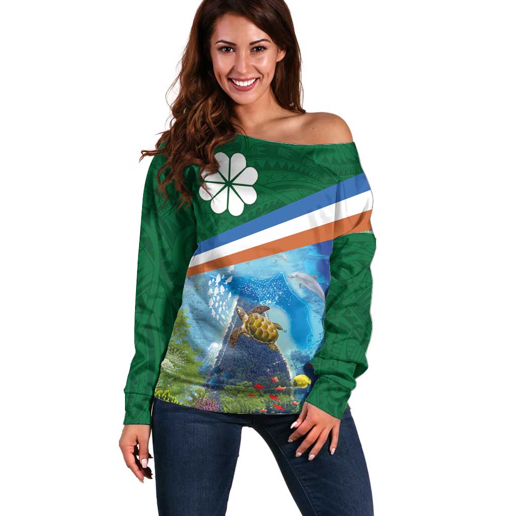 Marshall Islands Kwajalein Atoll Off Shoulder Sweater Polynesian Pattern and Undersea Animals