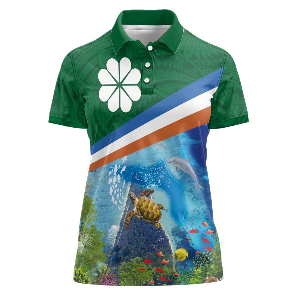 Marshall Islands Kwajalein Atoll Women Polo Shirt Polynesian Pattern and Undersea Animals