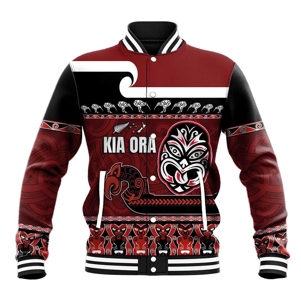 New Zealand Culture Baseball Jacket Kia Ora Aotearoa Moko Tattoo Mask with Waka and Maori Art Pattern LT03 Unisex Red - Polynesian Pride