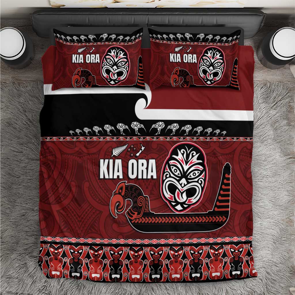 New Zealand Culture Bedding Set Kia Ora Aotearoa Moko Tattoo Mask with Waka and Maori Art Pattern