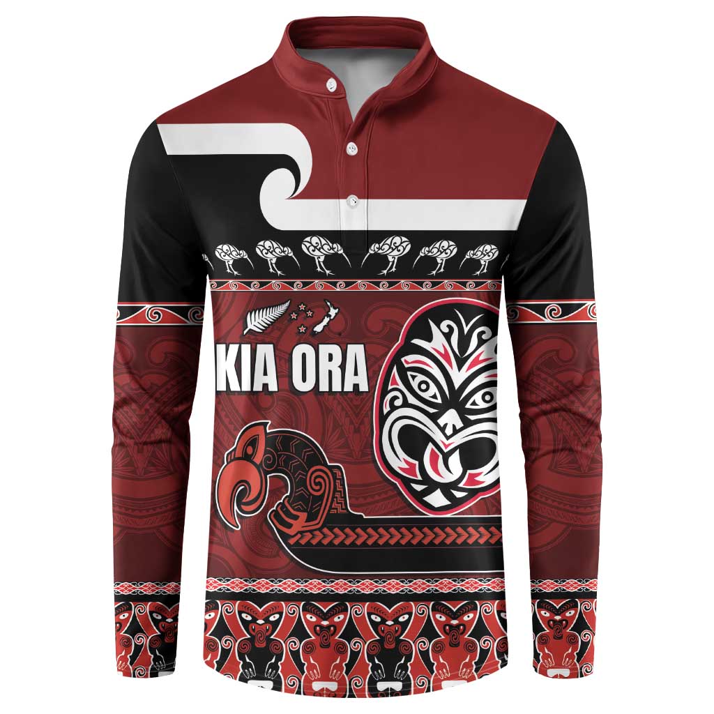 New Zealand Culture Button Sweatshirt Kia Ora Aotearoa Moko Tattoo Mask with Waka and Maori Art Pattern LT03 Red - Polynesian Pride