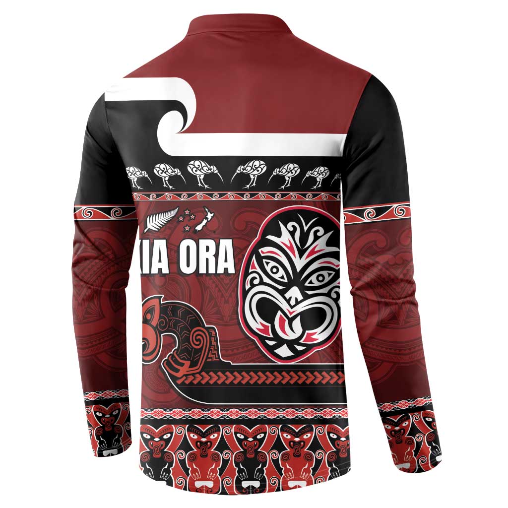 New Zealand Culture Button Sweatshirt Kia Ora Aotearoa Moko Tattoo Mask with Waka and Maori Art Pattern