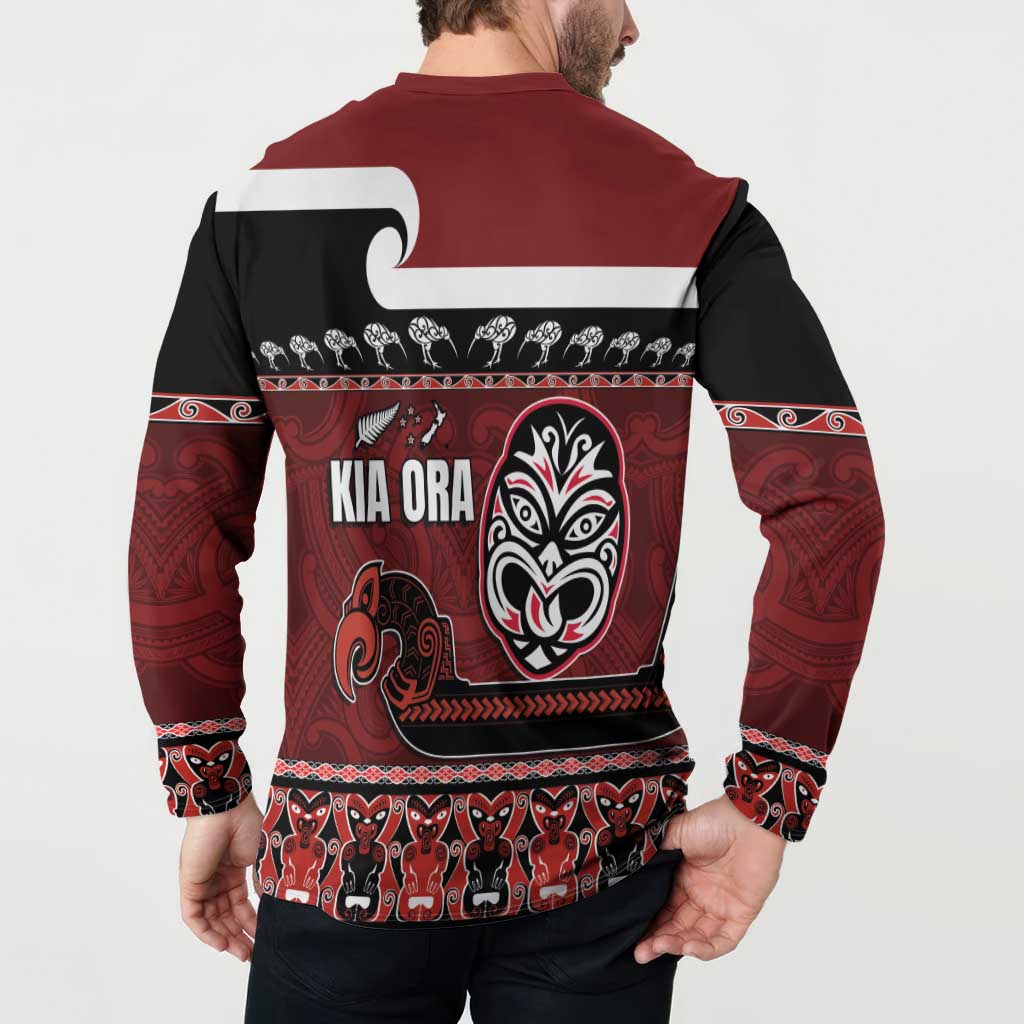 New Zealand Culture Button Sweatshirt Kia Ora Aotearoa Moko Tattoo Mask with Waka and Maori Art Pattern