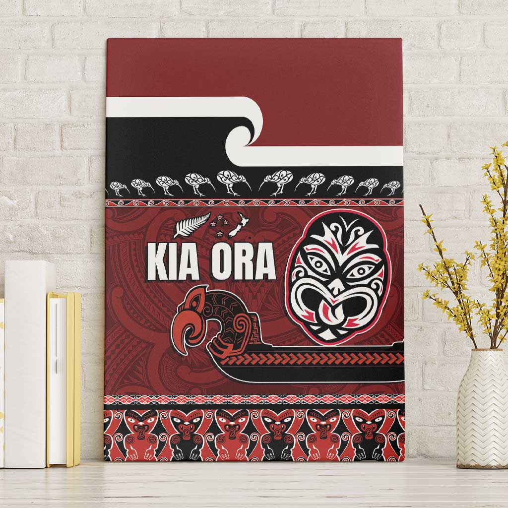 New Zealand Culture Canvas Wall Art Kia Ora Aotearoa Moko Tattoo Mask with Waka and Maori Art Pattern LT03 Without Frame Red - Polynesian Pride