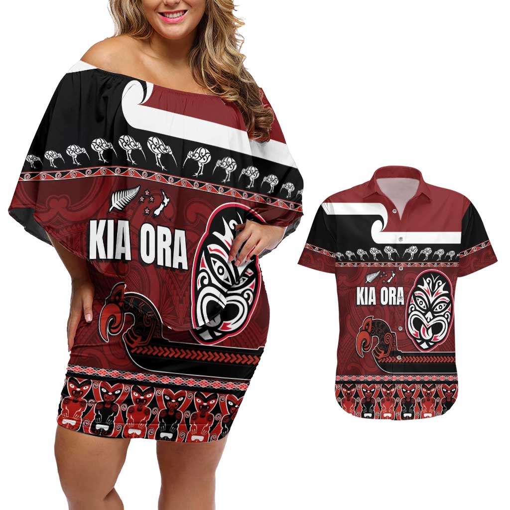 New Zealand Culture Couples Matching Off Shoulder Short Dress and Hawaiian Shirt Kia Ora Aotearoa Moko Tattoo Mask with Waka and Maori Art Pattern LT03 Red - Polynesian Pride
