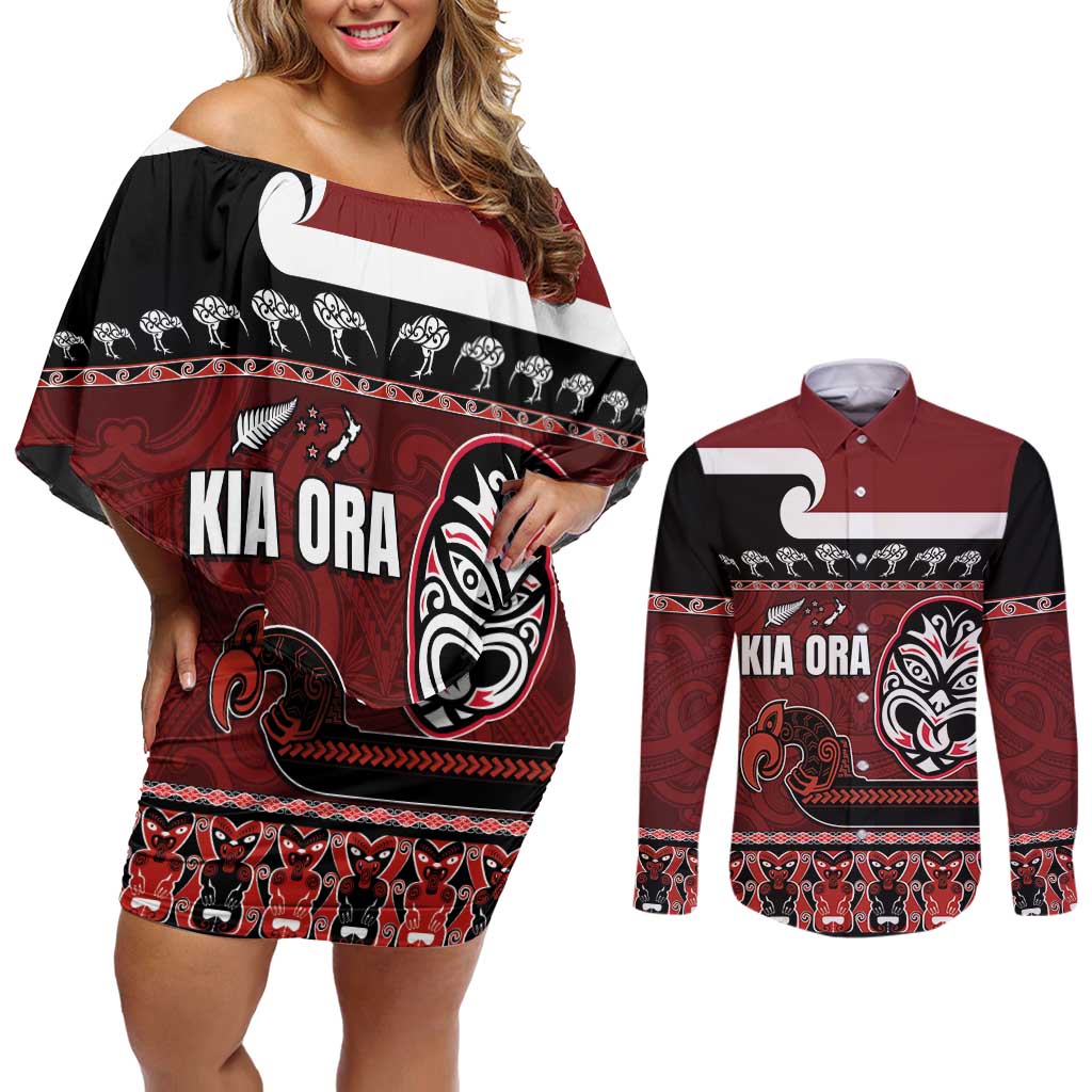 New Zealand Culture Couples Matching Off Shoulder Short Dress and Long Sleeve Button Shirt Kia Ora Aotearoa Moko Tattoo Mask with Waka and Maori Art Pattern LT03 Red - Polynesian Pride