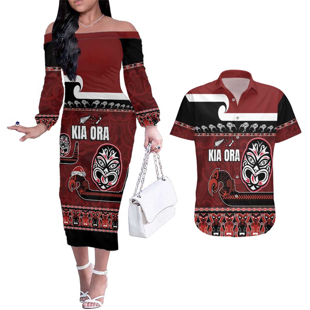 New Zealand Culture Couples Matching Off The Shoulder Long Sleeve Dress and Hawaiian Shirt Kia Ora Aotearoa Moko Tattoo Mask with Waka and Maori Art Pattern