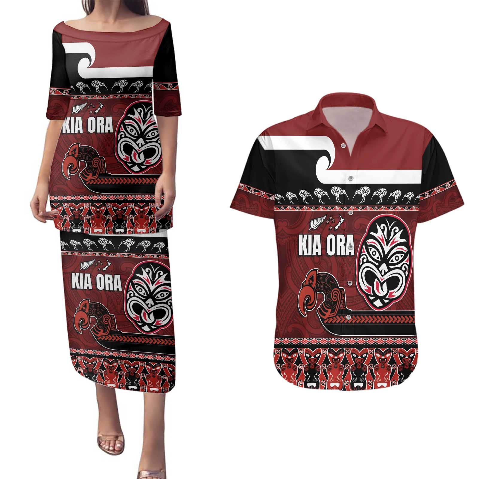 New Zealand Culture Couples Matching Puletasi and Hawaiian Shirt Kia Ora Aotearoa Moko Tattoo Mask with Waka and Maori Art Pattern