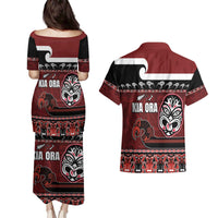 New Zealand Culture Couples Matching Puletasi and Hawaiian Shirt Kia Ora Aotearoa Moko Tattoo Mask with Waka and Maori Art Pattern