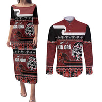 New Zealand Culture Couples Matching Puletasi and Long Sleeve Button Shirt Kia Ora Aotearoa Moko Tattoo Mask with Waka and Maori Art Pattern