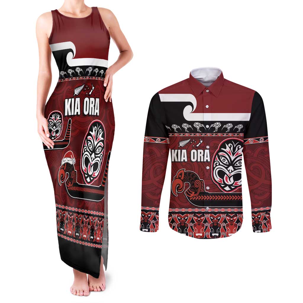 New Zealand Culture Couples Matching Tank Maxi Dress and Long Sleeve Button Shirt Kia Ora Aotearoa Moko Tattoo Mask with Waka and Maori Art Pattern LT03 Red - Polynesian Pride
