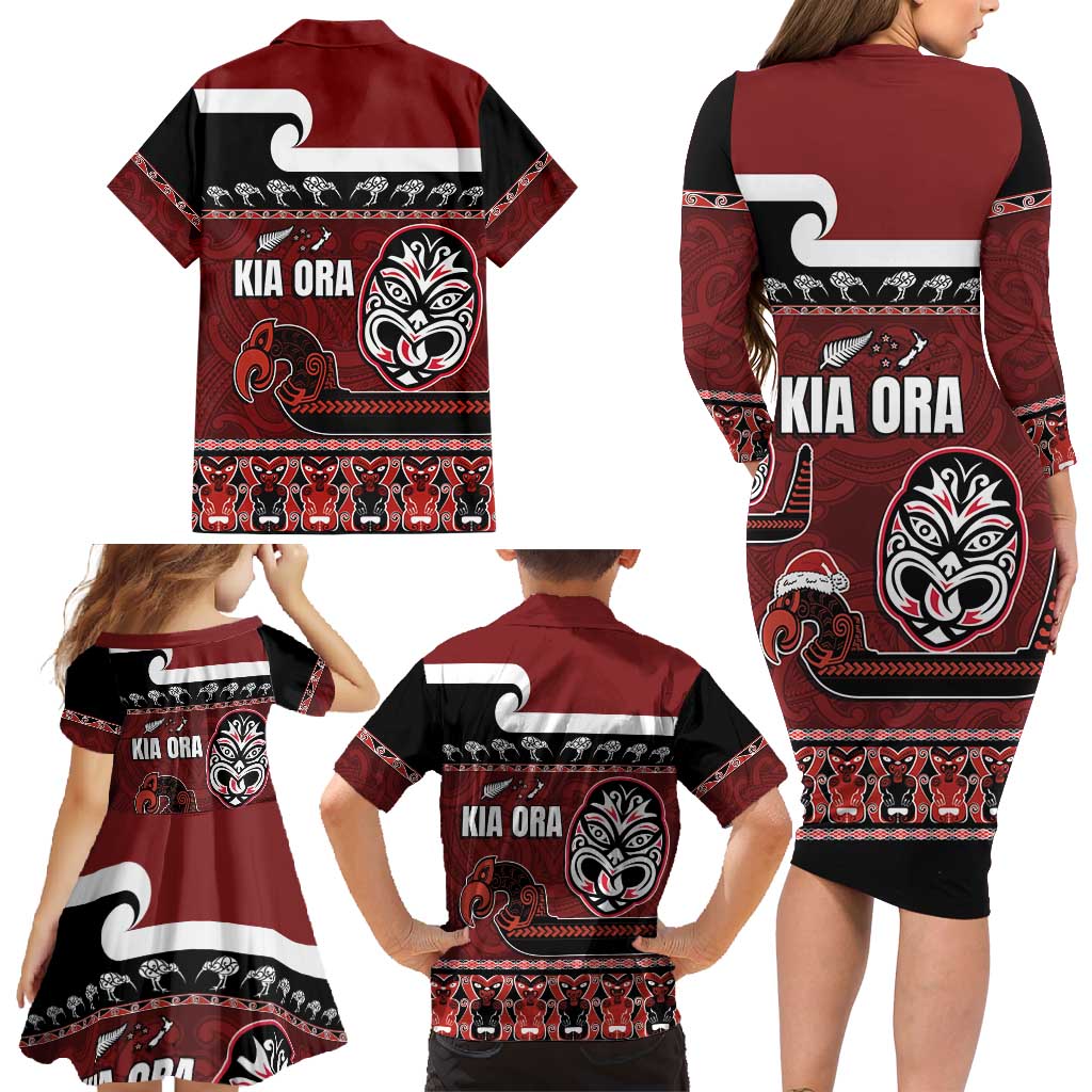 New Zealand Culture Family Matching Long Sleeve Bodycon Dress and Hawaiian Shirt Kia Ora Aotearoa Moko Tattoo Mask with Waka and Maori Art Pattern