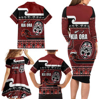 New Zealand Culture Family Matching Long Sleeve Bodycon Dress and Hawaiian Shirt Kia Ora Aotearoa Moko Tattoo Mask with Waka and Maori Art Pattern