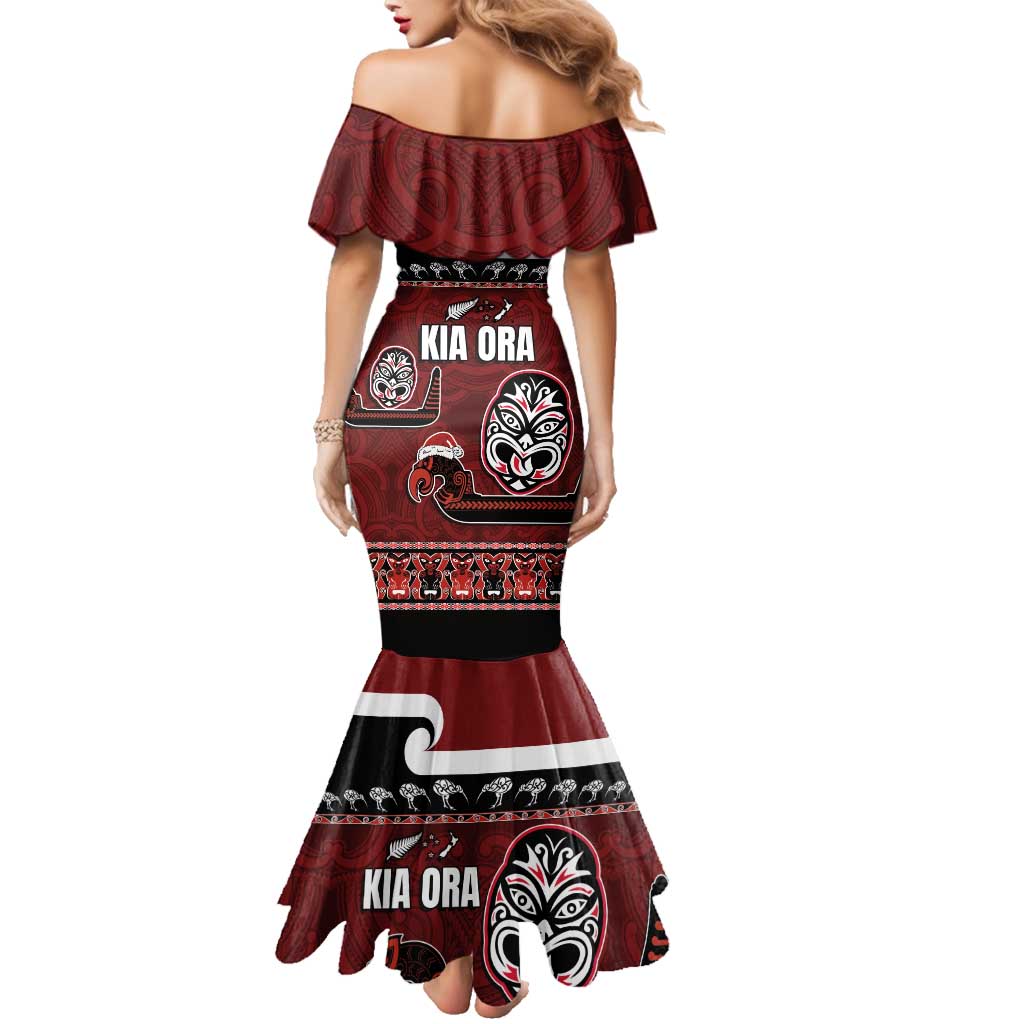 New Zealand Culture Family Matching Mermaid Dress and Hawaiian Shirt Kia Ora Aotearoa Moko Tattoo Mask with Waka and Maori Art Pattern
