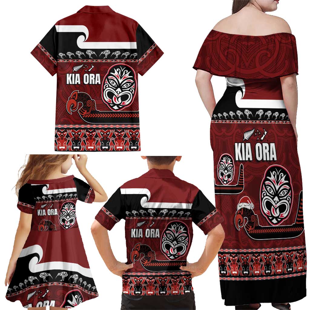 New Zealand Culture Family Matching Off Shoulder Maxi Dress and Hawaiian Shirt Kia Ora Aotearoa Moko Tattoo Mask with Waka and Maori Art Pattern