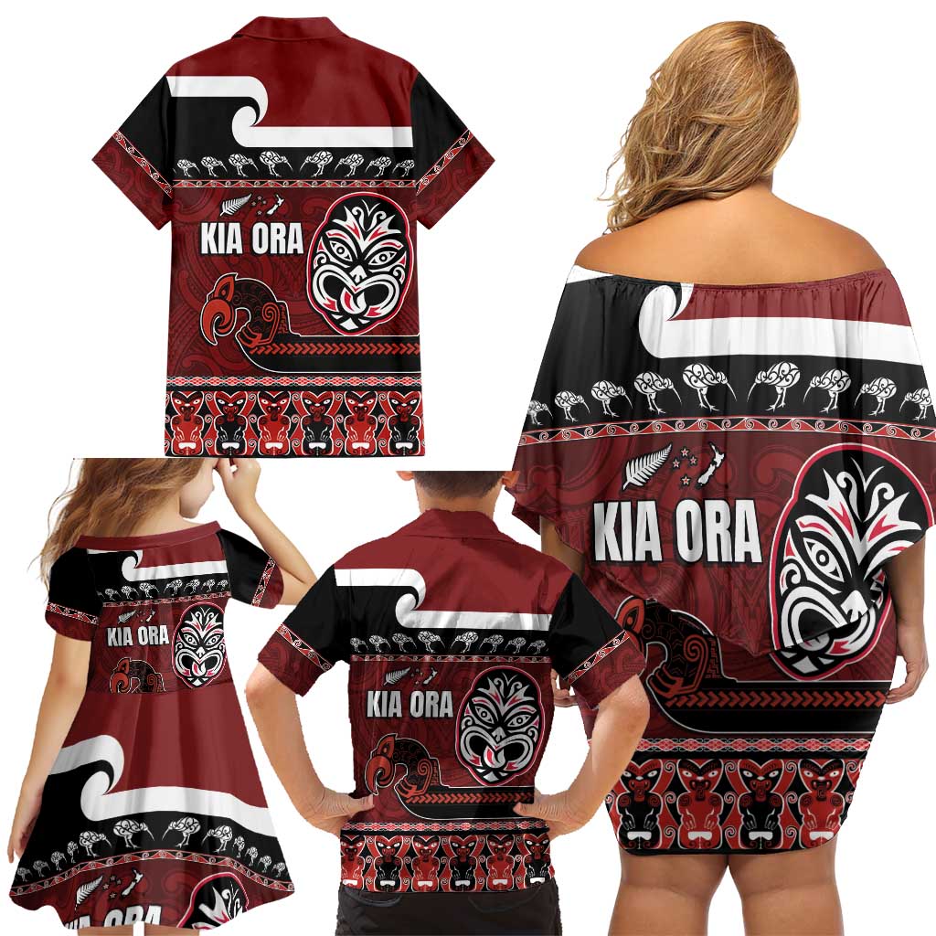New Zealand Culture Family Matching Off Shoulder Short Dress and Hawaiian Shirt Kia Ora Aotearoa Moko Tattoo Mask with Waka and Maori Art Pattern