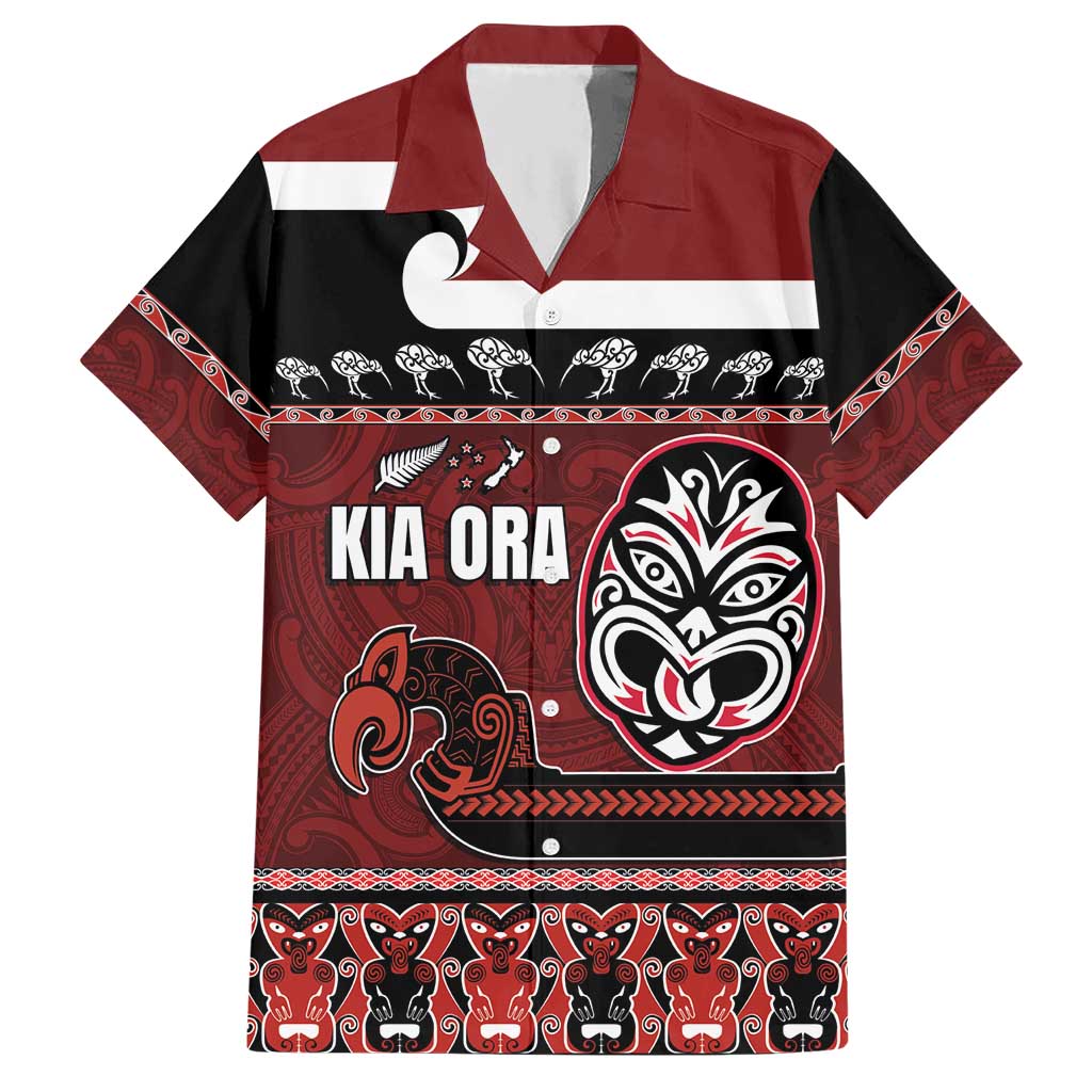 New Zealand Culture Hawaiian Shirt Kia Ora Aotearoa Moko Tattoo Mask with Waka and Maori Art Pattern