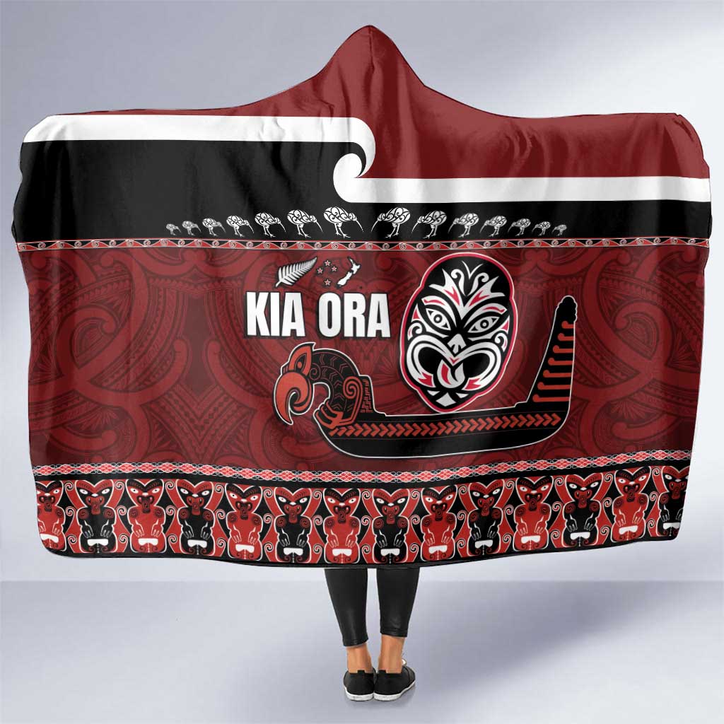 New Zealand Culture Hooded Blanket Kia Ora Aotearoa Moko Tattoo Mask with Waka and Maori Art Pattern